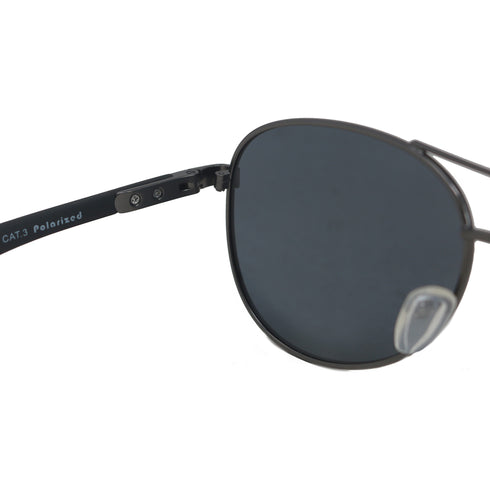 Round sunglasses with dark lenses and black frame on a white background