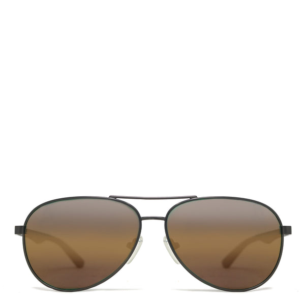 Aviator sunglasses with brown lenses on a white background