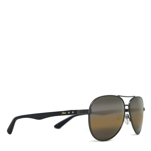 Sunglasses with black frame and gradient lenses on a white background