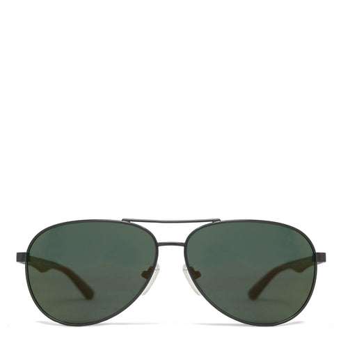 Aviator sunglasses with dark lenses on a white background