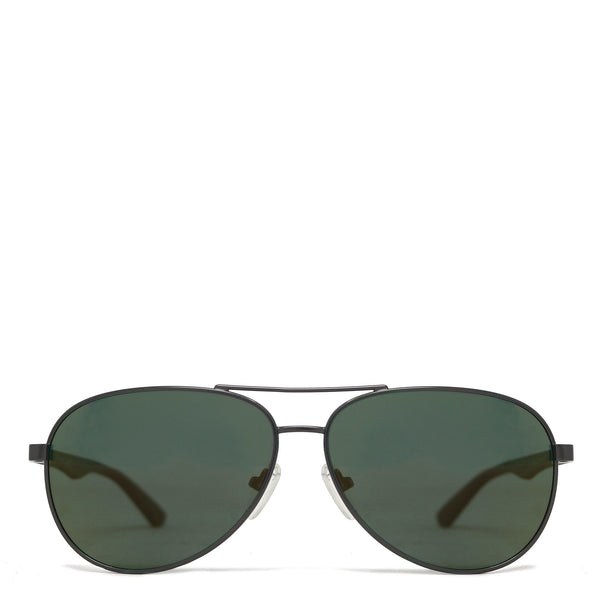 Aviator sunglasses with dark lenses on a white background