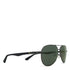 Sunglasses with black frame and green lenses on a white background