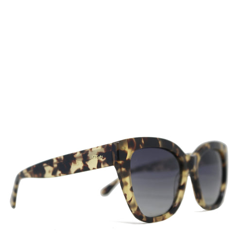 Sunglasses with tortoiseshell frame and dark lenses on a white background