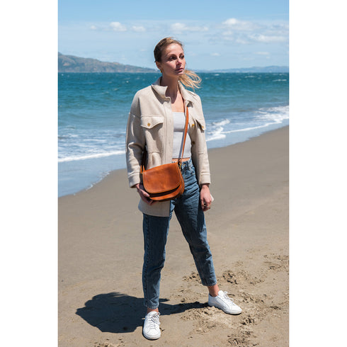 Floto Chianti Leather Saddle Bag Crossbody in Tobacco Brown. 9