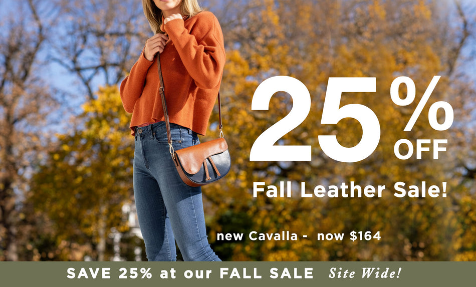 Woman holding a leather handbag with a fall foliage background and promotional text for a sale.