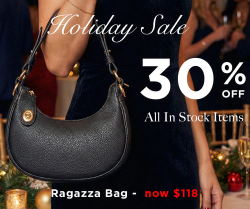 Black handbag with holiday sale text and discount details on a festive background