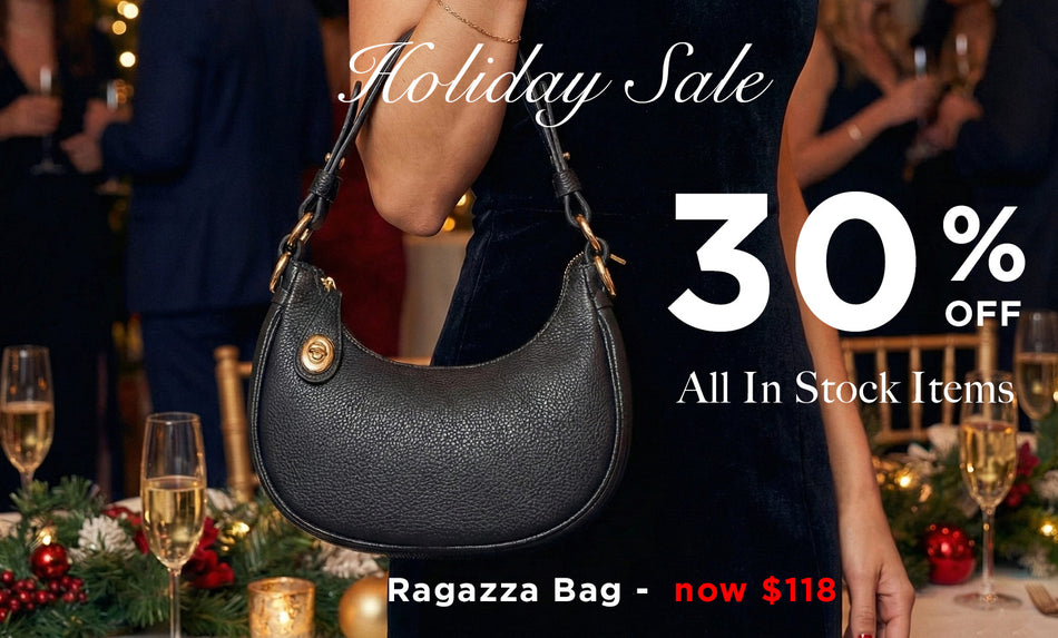 Black handbag with holiday sale text and festive background