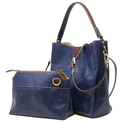 Floto Italian Leather Shopper Handbag Tote Bag Sardinia brown and blue