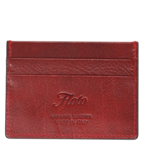Red leather cardholder with 'Floto' branding on a white background