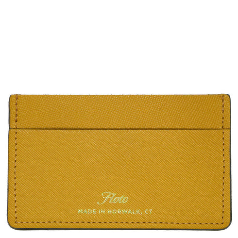 This is a Floto Wallet made from calfskin leather with a saffiano finish. This model is the Sono Wide Card Wallet in Yellow.