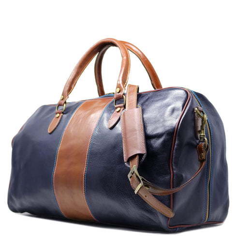 Floto Italian Leather Venezia Duffle Travel Bag Luggage blue and brown side