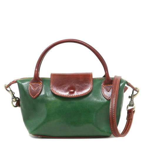 Floto Gattane Green handbag with brown handle and strap on a white background