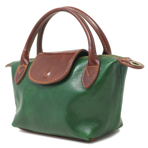 Floto Gattane Green handbag with brown leather accents on a white background
