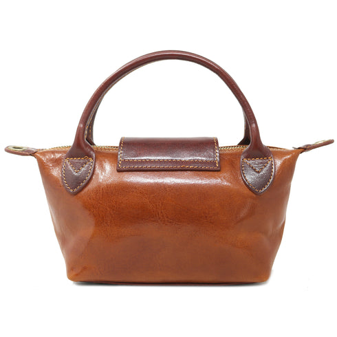 Floto Gattane Brown leather handbag with matching handle and strap on a white background
