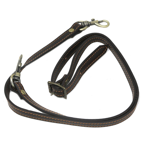 Brown leather crossbody strap  with metal clips on a white background