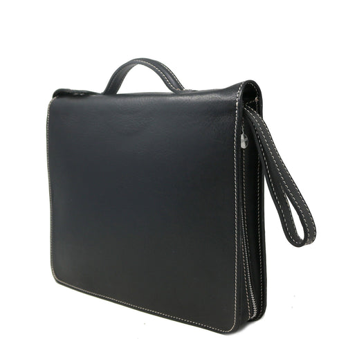 The Floto Venezia Laptop Case is a leather portfolio that is structured and has a brass zipper closure. It can hold a small size laptop and it is handcrafted in Italy with natural full grain leather. This is the Venezia Laptop Case in Black. 2