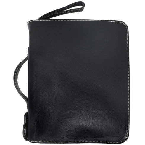 The Floto Venezia Laptop Case is a leather portfolio that is structured and has a brass zipper closure. It can hold a small size laptop and it is handcrafted in Italy with natural full grain leather. This is the Venezia Laptop Case in Black.