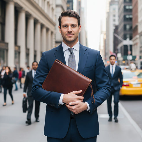 Man in a suit holding a brown leather briefcase on a city street.