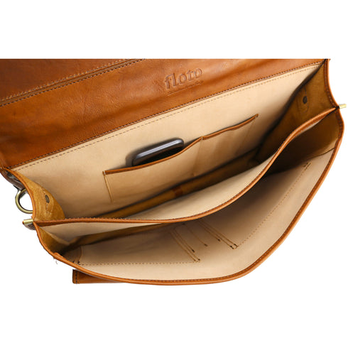 The Floto Piazza leather messenger bag is a men's casual bag that is handcrafted in Italy. This is the Piazza Messenger in Tobacco Brown 2