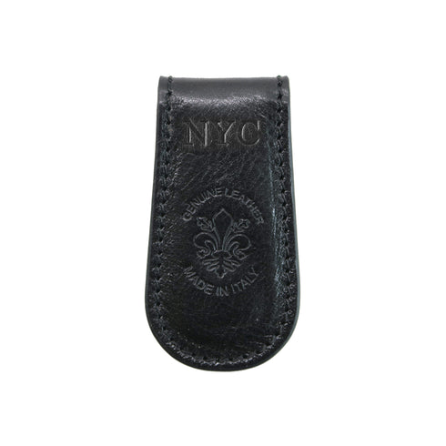 Black leather money clip with 'NYC' monogram on a white background - personalized leather good