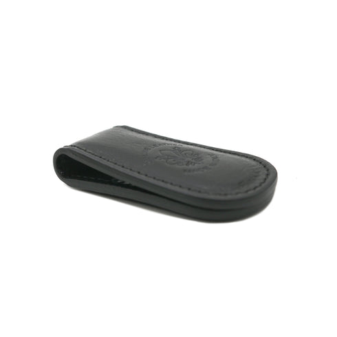 Black leather money clip on a white background