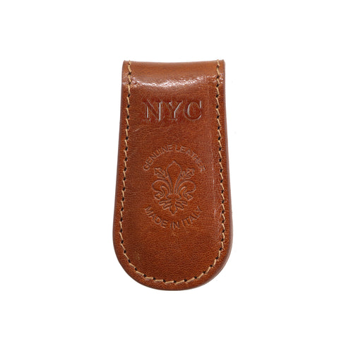 Brown leather money clip with 'NYC' monogram on a white background - personalized leather good