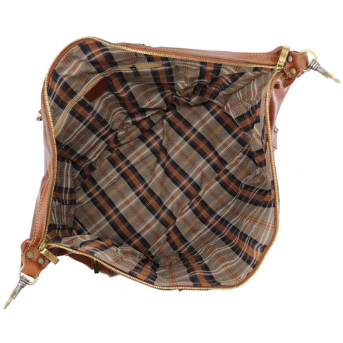 Floto Roma Italian Leather Travel Bag brown with plaid interior