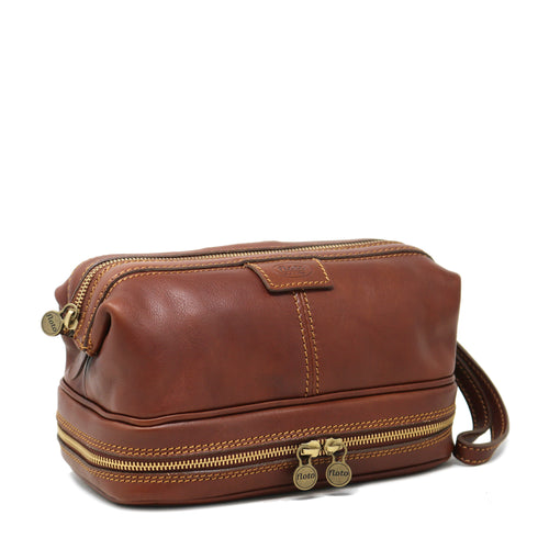 Floto Italian Positano leather drop bottom dopp travel kit bag brown