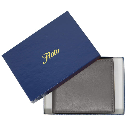 This is the Floto Firenze Billfold ID Wallet in soft Nappa lambskin leather. This the Firenze wallet in Grey. Gift box.