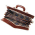 Brown leather briefcase with plaid interior on a white background