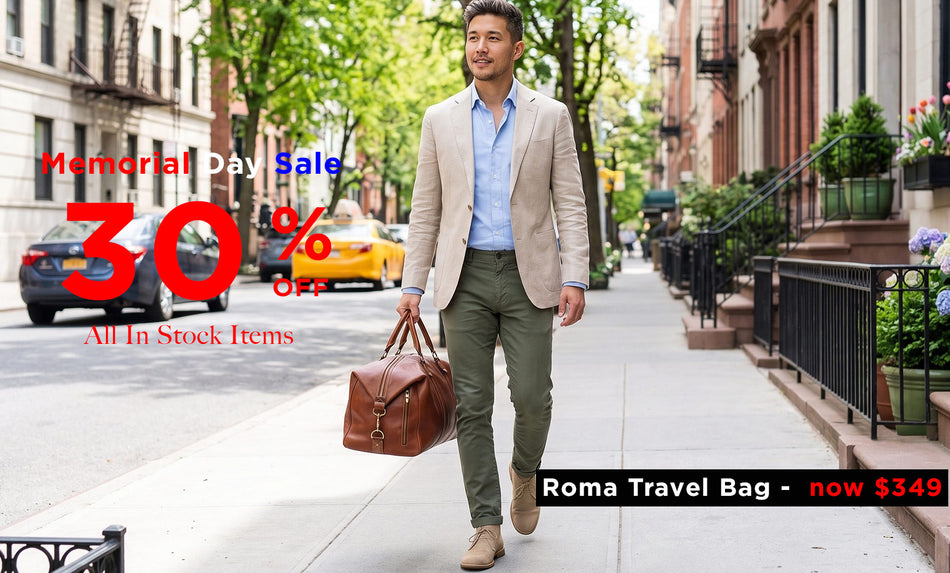 Man walking down a city street with a Roma travel bag, promotional text overlay.