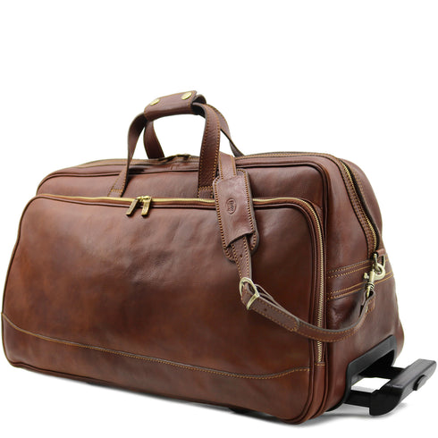 Leather rolling luggage carry on duffle bag trolley roller Floto Milano Brown