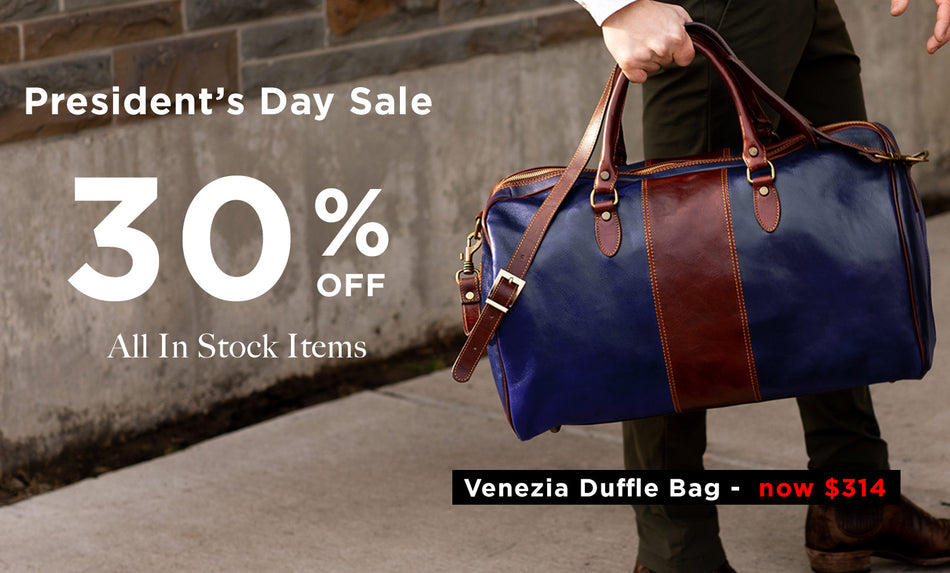 Venezia Duffle Bag being held with President's Day Sale text overlay