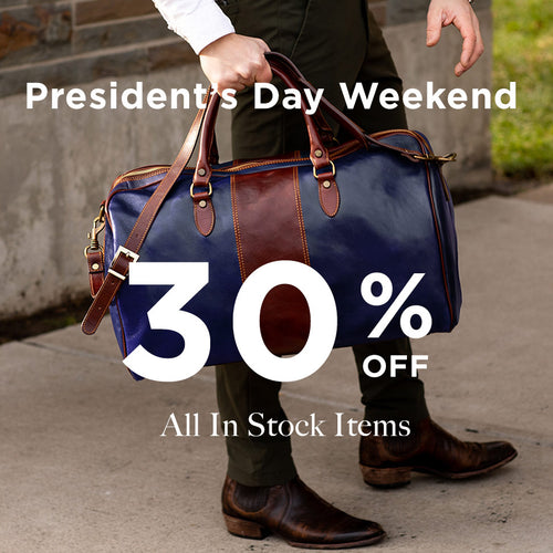 Person holding a blue and brown leather bag with text overlay for President's Day Weekend sale.