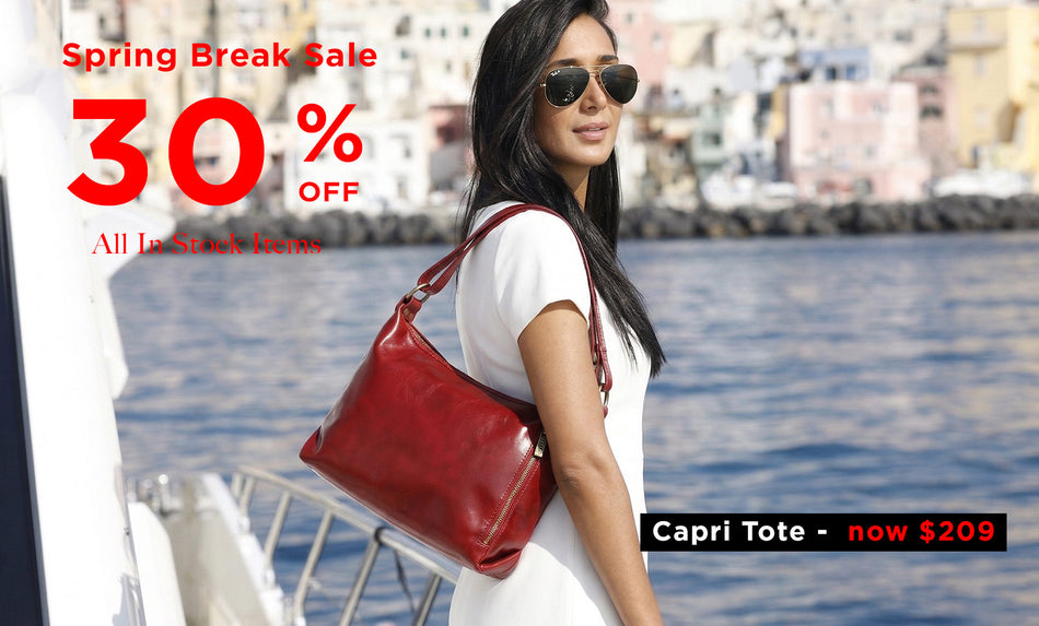 Woman with a red tote bag by water, promotional text for Spring Break Sale and Capri Tote.