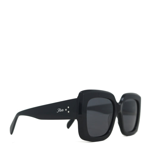 Black sunglasses with a brand logo on a white background