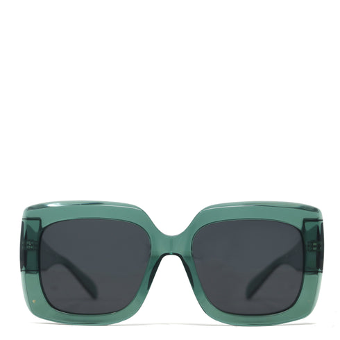 Green sunglasses with dark lenses on a white background