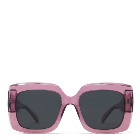 Pink sunglasses with dark lenses on a white background