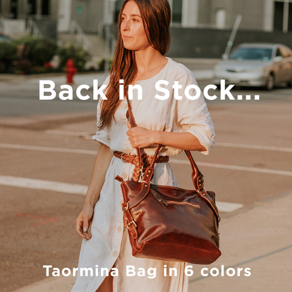 Woman holding a brown leather bag with text indicating availability and color options.