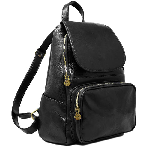 The Floto Livorno leather backpack is a wommen's fashion pack that is handcrafted in Italy. This is the Livorno Backpack in Black. Angle view.