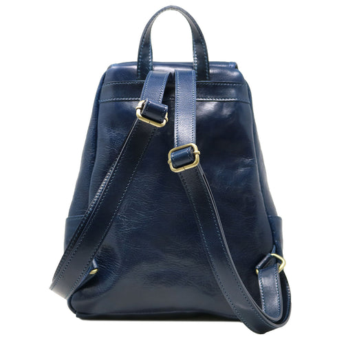 The Floto Livorno leather backpack is a wommen's fashion pack that is handcrafted in Italy. This is the Livorno Backpack in Blue. Back view.