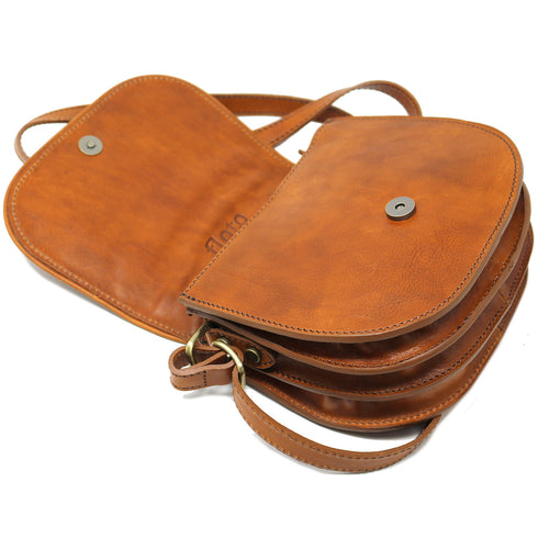 Floto Chianti Leather Saddle Bag Crossbody in Tobacco Brown. 5