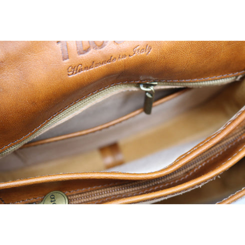 Floto Chianti Leather Saddle Bag Crossbody in Tobacco Brown. 7