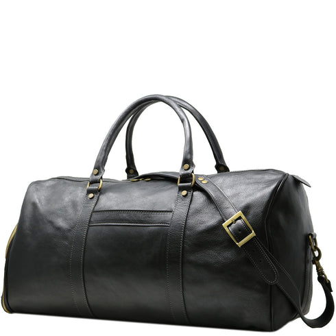 This is the Floto Lugano Weekender Duffle Bag with a built-in shoe compartment. The shoe compartment zips open on the side of the bag for easy adds. This is pictured in Black. 3