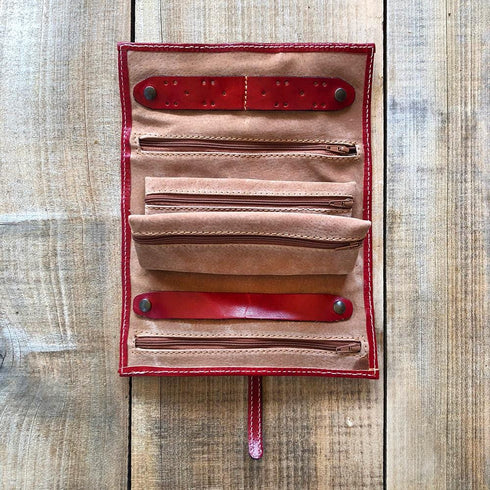 Leather Jewelry Roll Case Floto red inside