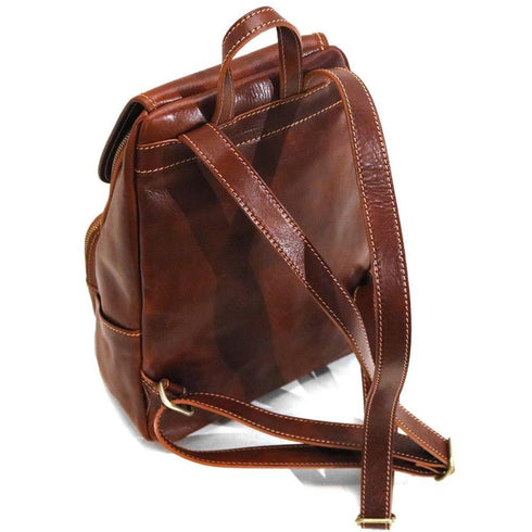 The Floto Livorno leather backpack is a wommen's fashion pack that is handcrafted in Italy. This is the Livorno Backpack in Vecchio Brown. Back view.