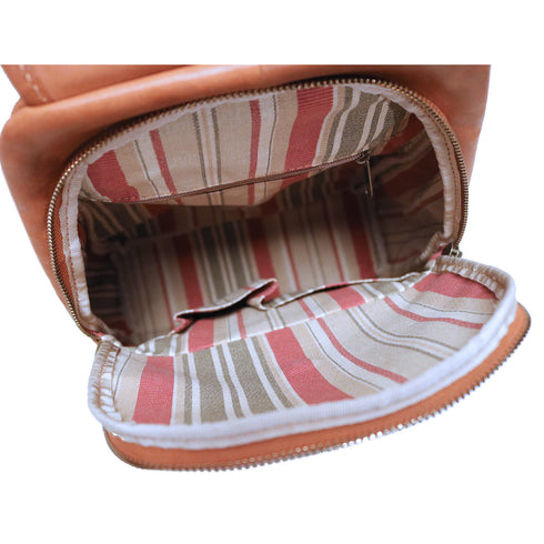 The Floto Livorno leather backpack is a wommen's fashion pack that is handcrafted in Italy. This is the Livorno Backpack in Natural Brown. 4