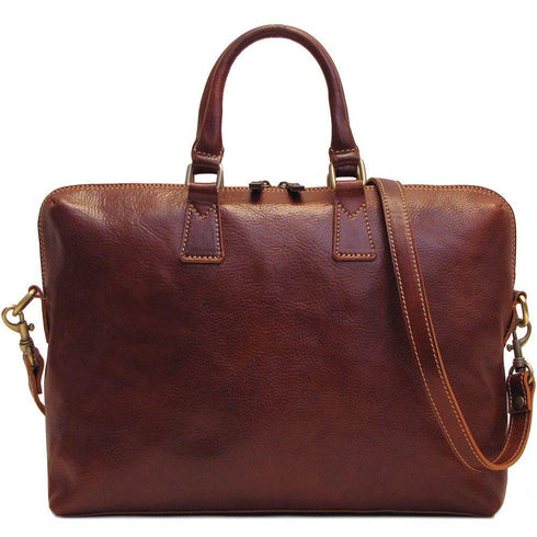 The Floto Milano Slim leather briefcase is a men's bag that is handcrafted in Italy. This is the Milano Slim in Vecchio Brown.