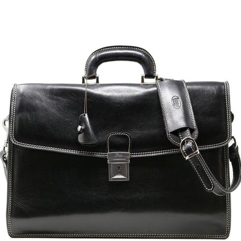 The Floto Milano leather briefcase is a men's single gusset attache bag that is handcrafted in Italy. This is the Milano Brief in Black.
