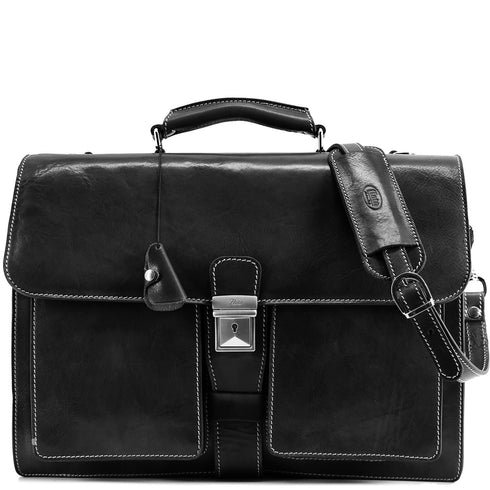 The Floto Novella leather briefcase is a men's attache business bag that is handcrafted in Italy. This is the Novella Brief in Black.